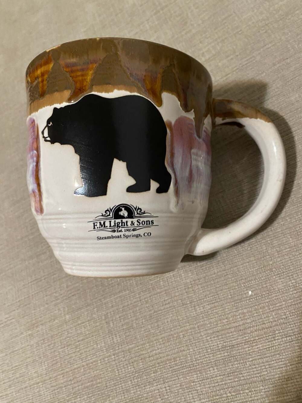 F.M. Light & Sons Steamboat Springs CO Black Bear Drip Glaze Pottery Mug